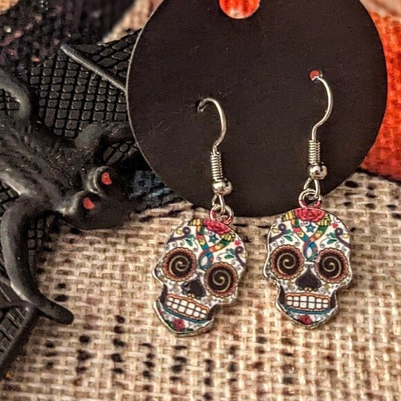 Halloween Day of the Dead Multicolor Skulls Dangle Earrings-Handmade! - Picture 2 of 6